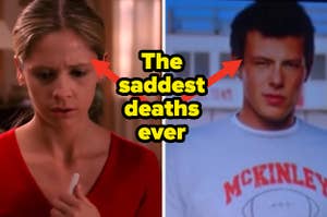 Sarah Michelle Gellar as Buffy Summers in the show "Buffy the Vampire Slayer" and Cory Monteith as Finn Hudson in the show "Glee."