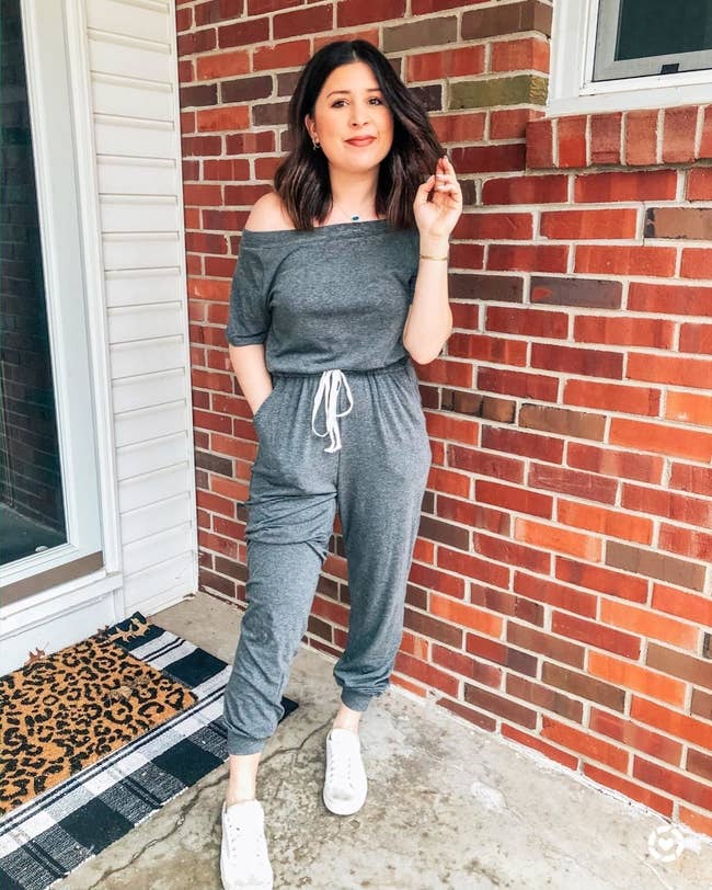 Reviewer wearing the jumpsuit in grey