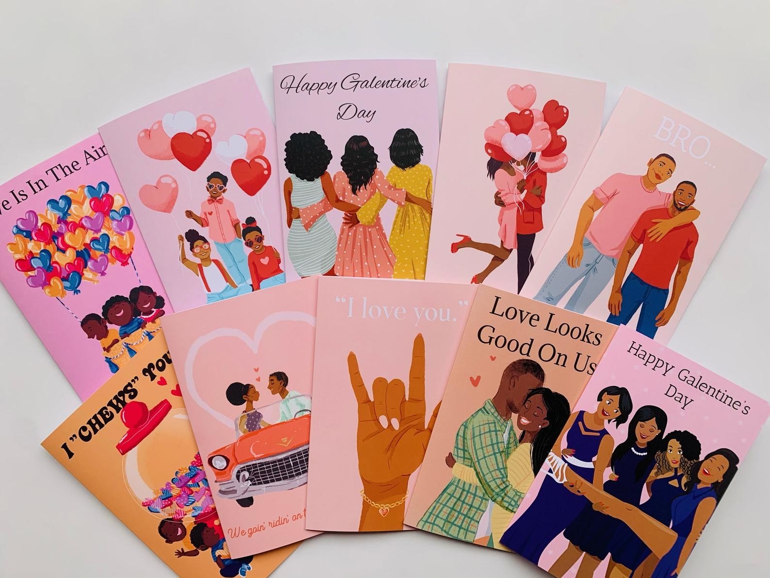 A set of 10 cards all valentine's themed for different people including friends, brothers, kids, and more