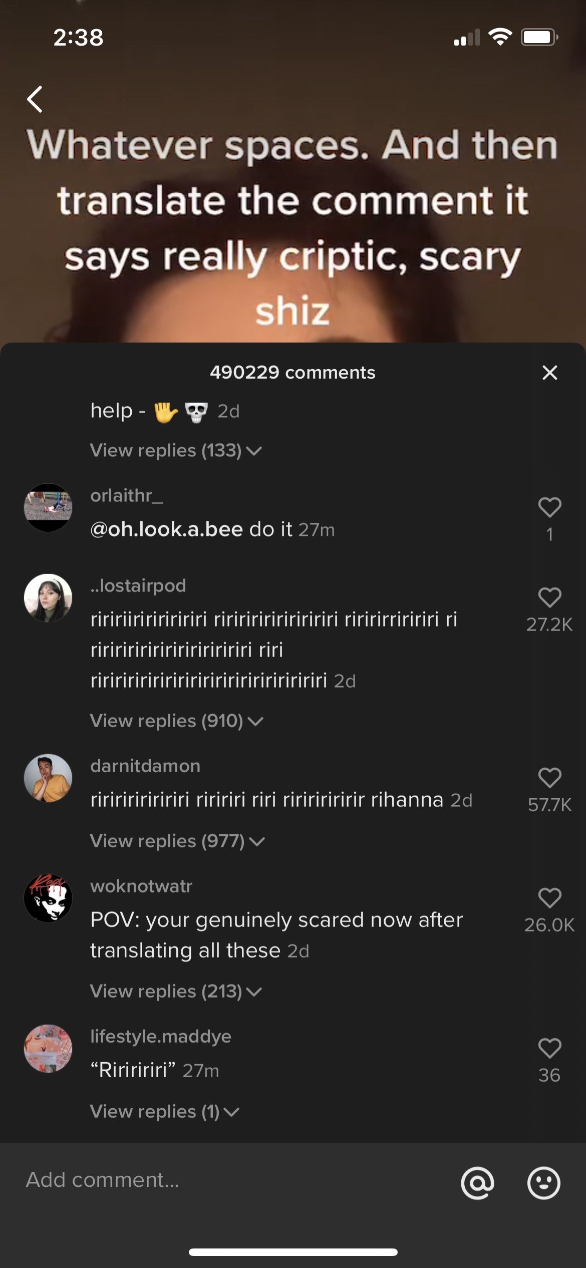 A set of comments with random &quot;ririri&quot; strings, one of them with &quot;Rihanna&quot; at the end