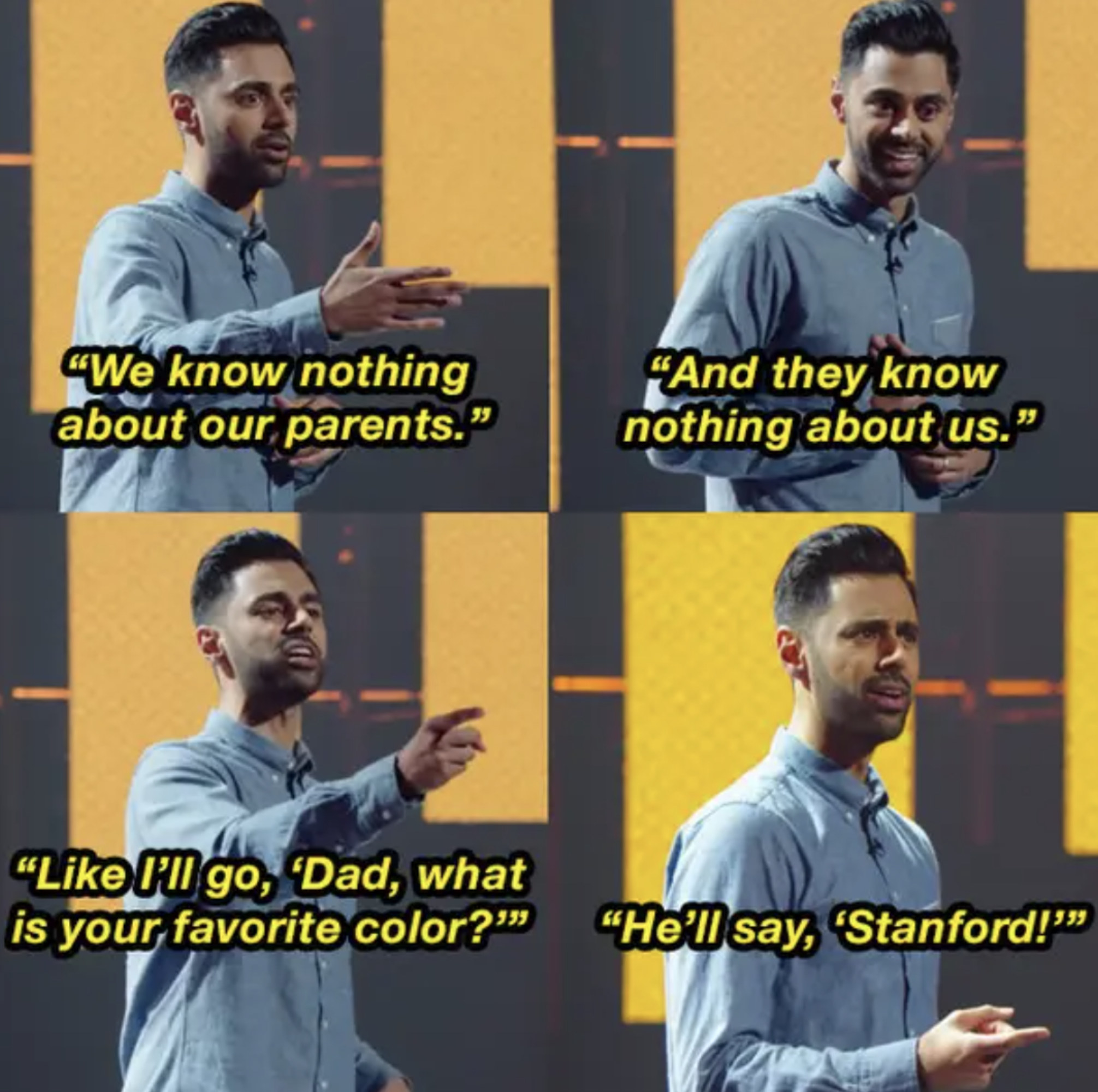 Hasan Minhaj telling a joke on stage