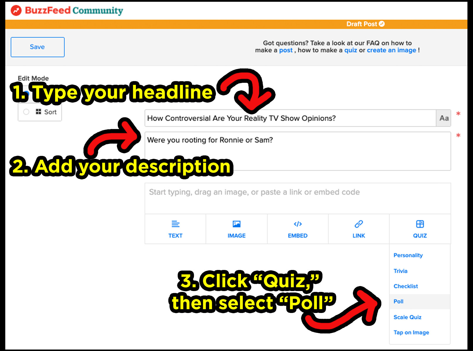 image of buzzfeed content system to show where to type in the headline, description, and where to go to make a poll quiz