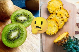 A sliced kiwi is on the left with a think face emoji in the center and a slice pineapple on a cutting board