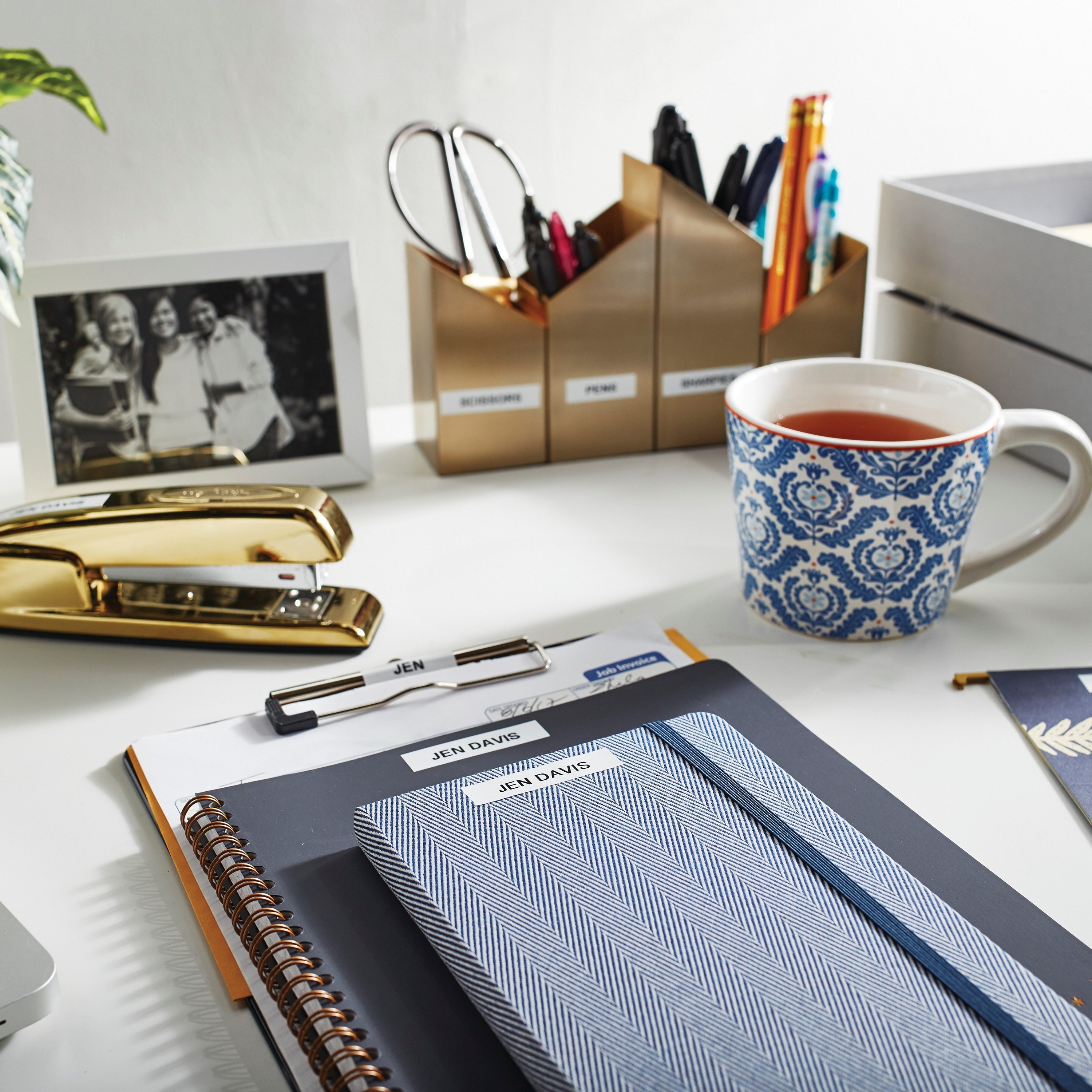 the customized labels on office supplies