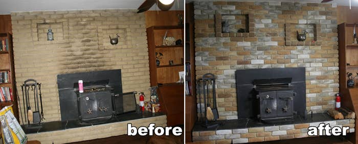 before: tan brick fireplace stained with soot, after: bricks painted in grey, white, and brown 