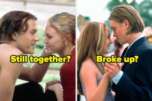 Patrick and Kat from "10 Things I Hate About You" and the question "still together?" on top, and Anna and Jake from "Freaky Friday" with the question "broke up?" on top