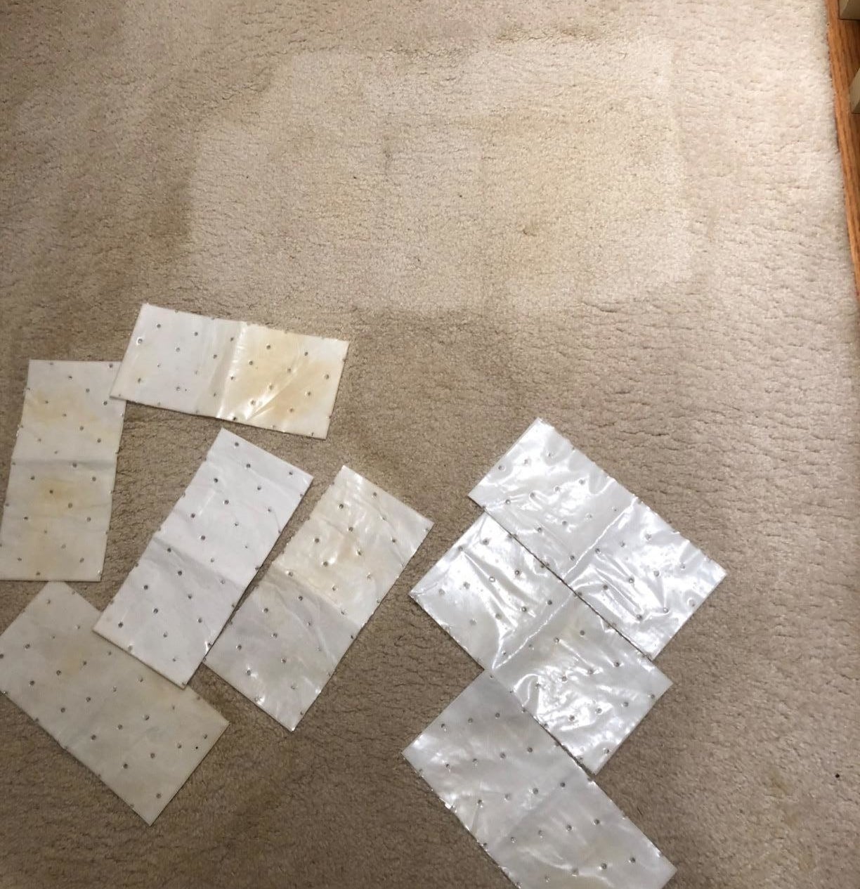 reviewer photo showing cleaning pads on their carpet and visibly cleaner spots where the pads have already been applied 