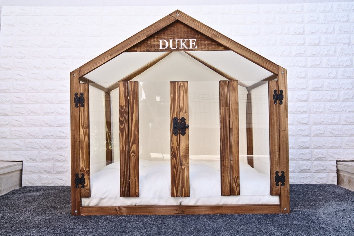house-shaped dog house with plush bedding and glass door