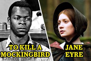 Tom in court from To Kill a Mockingbird next to Jane Eyre looking stoic