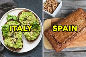 On the left, some avocado toast labeled "Italy," and on the right, a loaf of zucchini bread labeled "Spain"