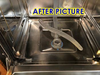 The reviewer's after photo which shows their dishwasher sparkling clean