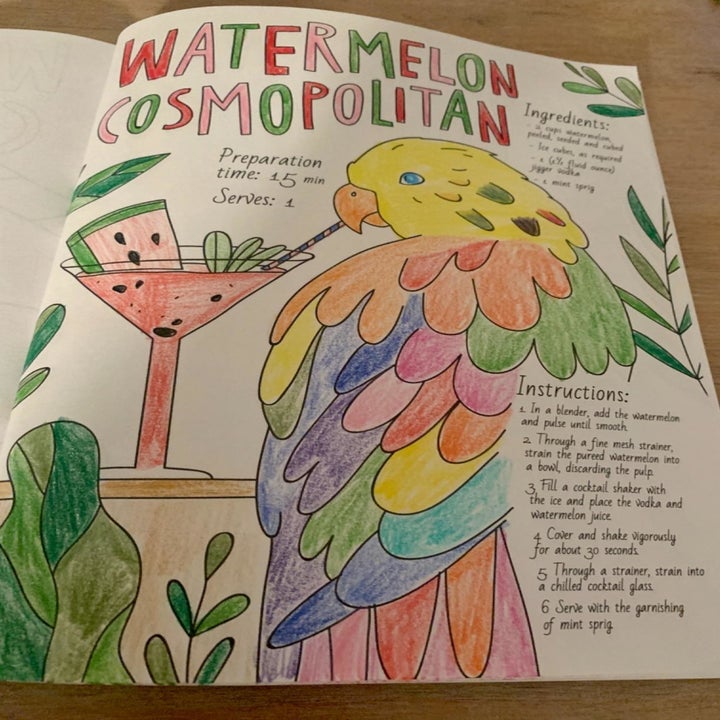 Reviewer shows colored-in page from same book that says "Watermelon Cosmopolitan" with a recipe and a parrot drinking out of a cute glass