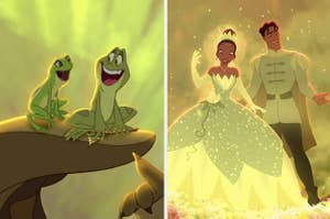 left image: tiana and naveen as frogs, right image: tiana and naveen as humans