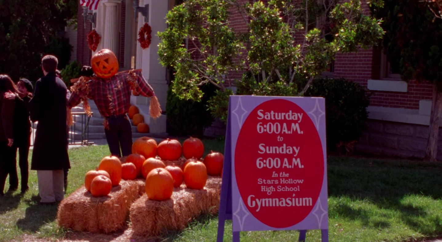 A sign in Stars Hollow that says, &quot;Saturday 6 AM to Sunday 6 AM in the Stars Hollow High School gymnasium&quot;