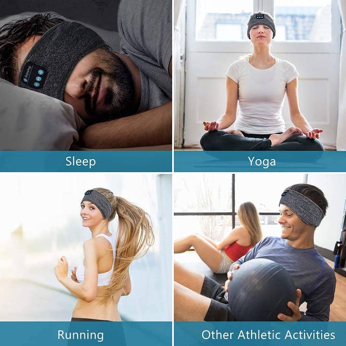 人们戴着耳机睡觉睡觉,做瑜伽,跑步,健身班”class=