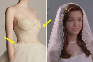 A strapless, champagne, dress with a sweetheart neckline and a full skirt on the left, and mandy moore in a wedding dress from a walk to remember on the right
