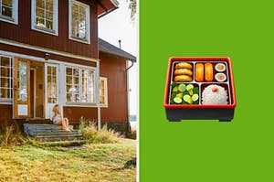 A woman is sitting on a step on a cabin with a Bento box emoji on the right
