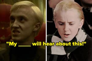 Older draco on the left and younger draco on the right with the quote "my [blank] will hear about this" over them
