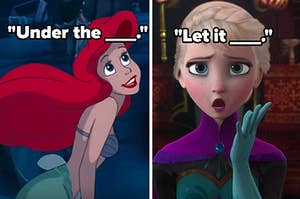 under the blank, let it blank, over screencaps of ariel and elsa