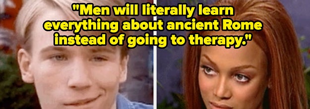 A man looking guilty, and Tyra looking at him in an expectant way. Captioned,