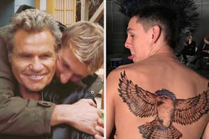 William Zabka hugging Martin Kove and Jacob Bertrand showing off his giant back tattoo of a hawk