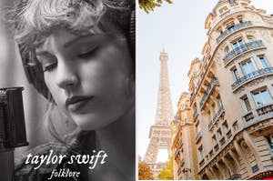 Taylor Swift in "Folklore" next to the front of a Parisian coffee shop