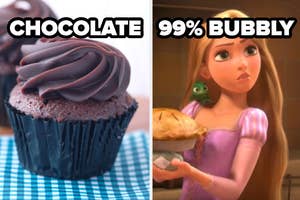 chocolate cupcake and rapunzel with a label 99% bubbly