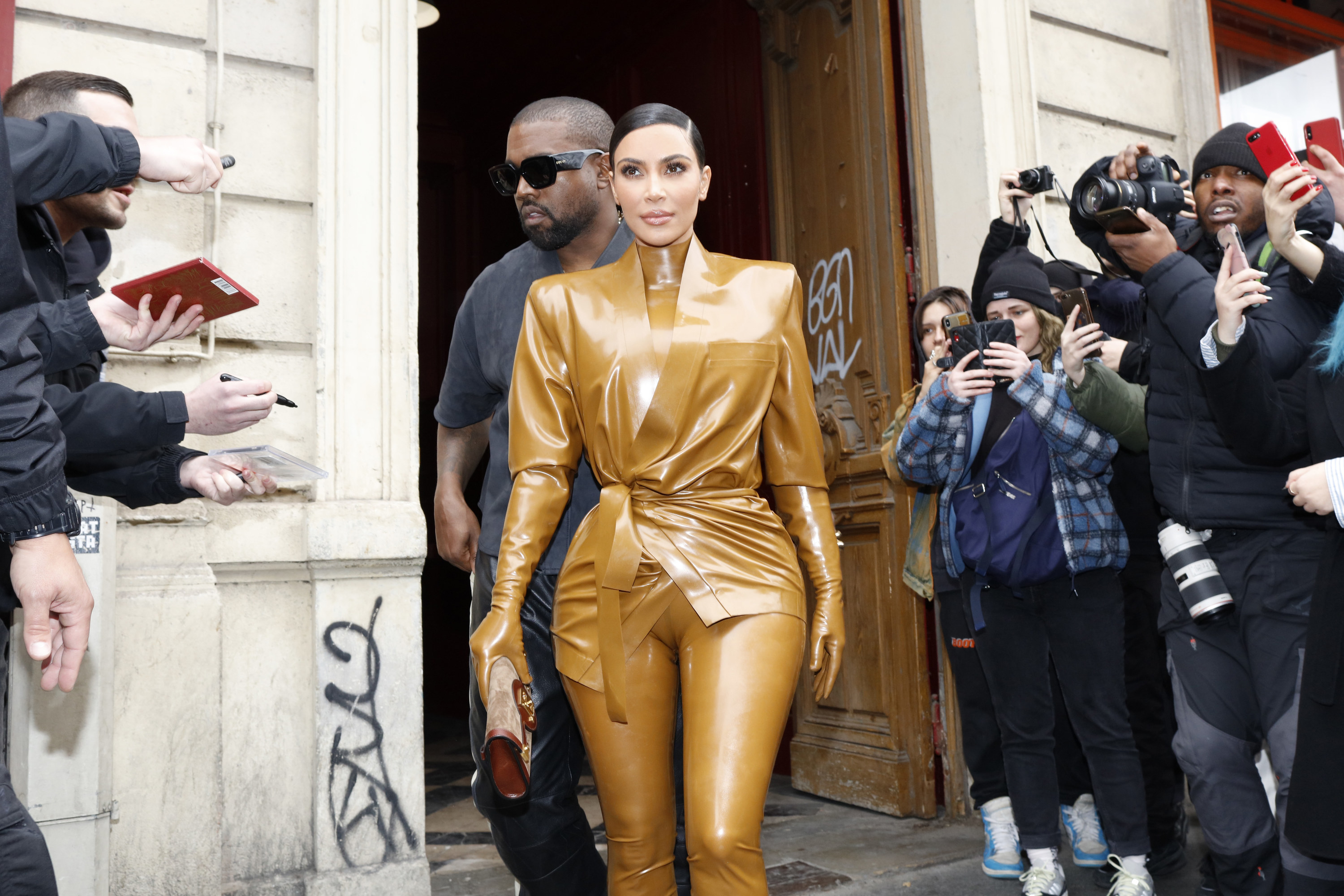 Kim Kardashian and Kanye West at the Theatre des Bouffes du Nord to attend Kanye West&#x27;s Sunday Service on March 01, 2020 in Paris, France