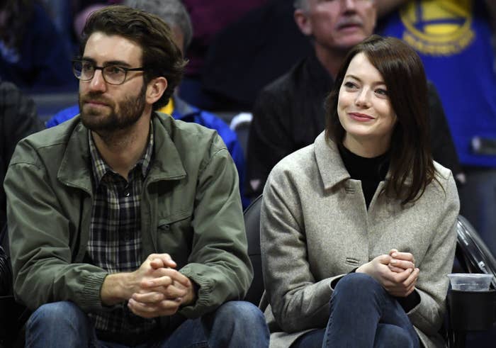 Emma Stone and Dave McCary attend the Golden State Warriors and Los Angeles Clippers basketball