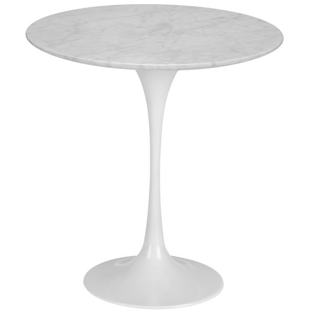 The pedestal table, which is white with a marble top, a slim column, and a flared bottom
