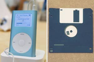 an early iPod and a square flat disk