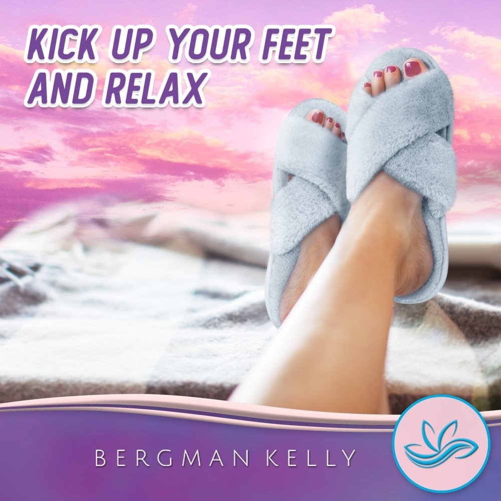 a pair of blue criss-cross slippers on a model&#x27;s feet. There is text that reads, &quot;kick up your feet and relax.&quot;