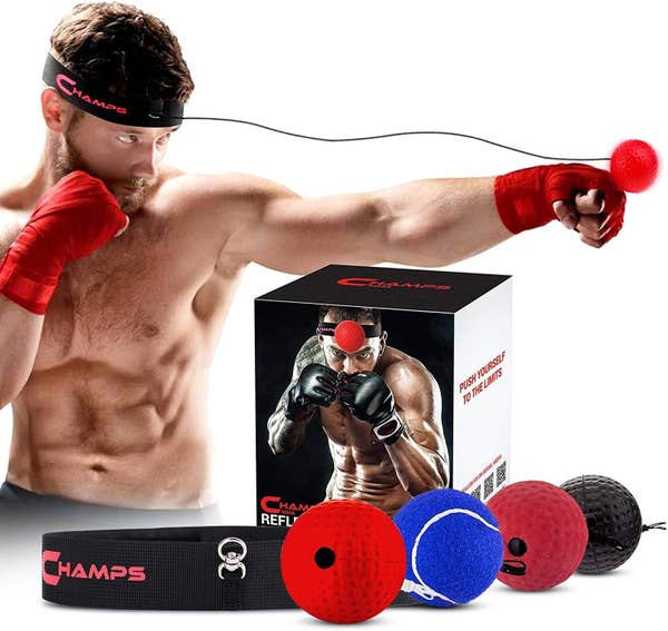 Person wearing headband with reflex ball attached, hitting it with boxing braces on. Four different ball options are shown in the front of the image. 