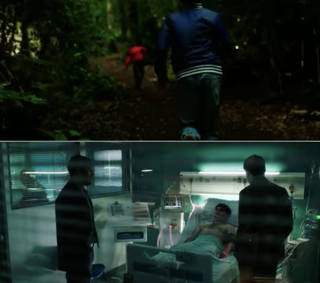 A side-by-side of kids running in the woods and someone lying in a hospital bed