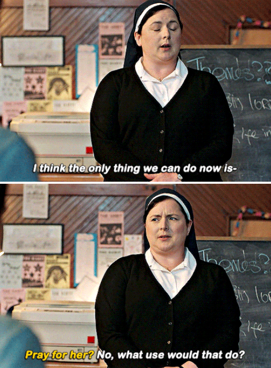 Sister Michael talking to the students in "Derry Girls"