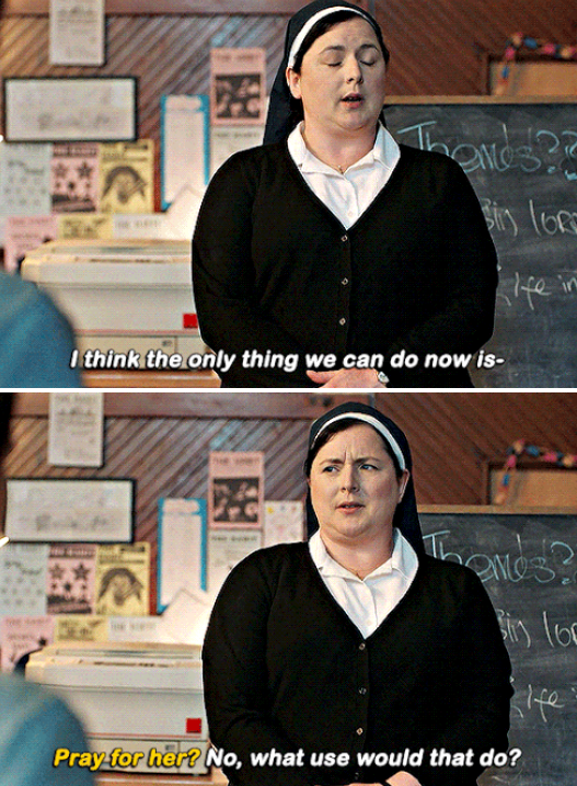 Sister Michael talking to the students in &quot;Derry Girls&quot;