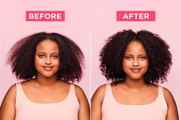 a before and after of a model showing their hair frizzy and then showing their hair curled to perfection after using the product