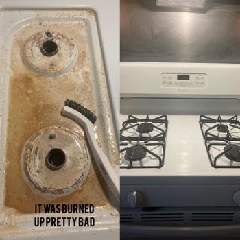 A reviewer's before and after photos which show a once extremely dirty white stovetop and now a completely clean stovetop