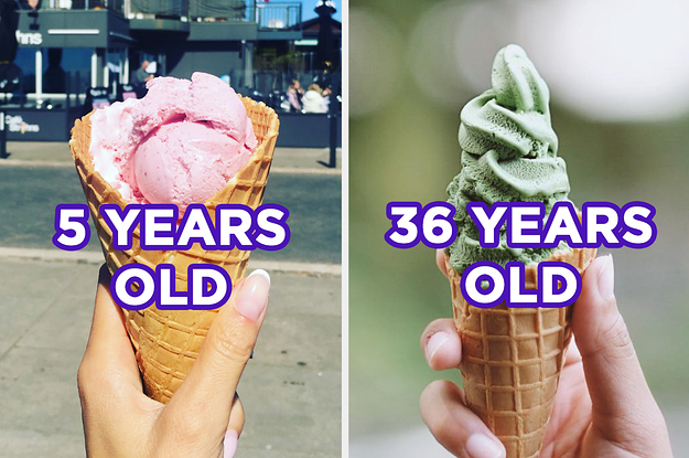 On the left, someone holding a strawberry ice cream cone labeled