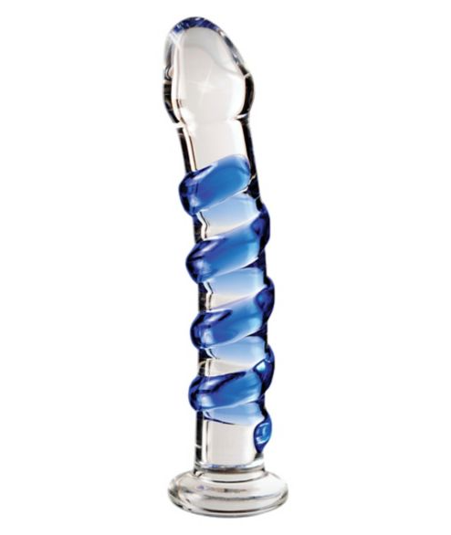 a glass dildo with a blue swirl sculpted into the toy 