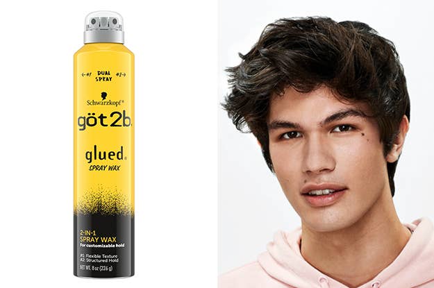Split image of göt2b Spray Wax and model with textured hair