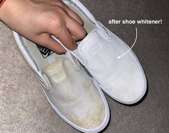 before/after image of reviewer's Keds looking much whiter and newer after applying shoe whitener