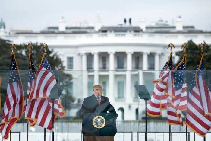 Trump speaks between three US flags on either side of him, standing behind a lectern and glass in front of the White House