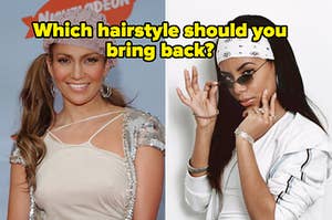 Jennifer Lopez is on the left wearing ponytails with Aaliyah on the right in a bandana and a caption that reads: "Which hairstyle should you bring back?"