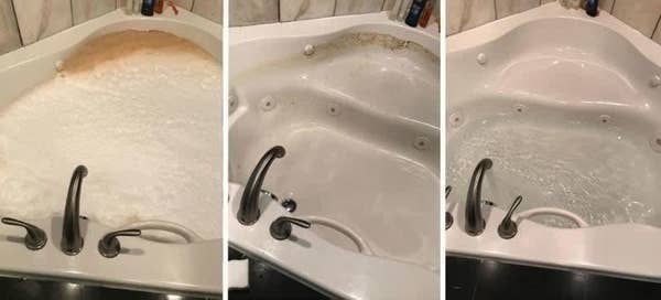 A before-during-after picture of a reviewer&#x27;s jetted tub foaming up with dirt and then being clean after using the cleaner