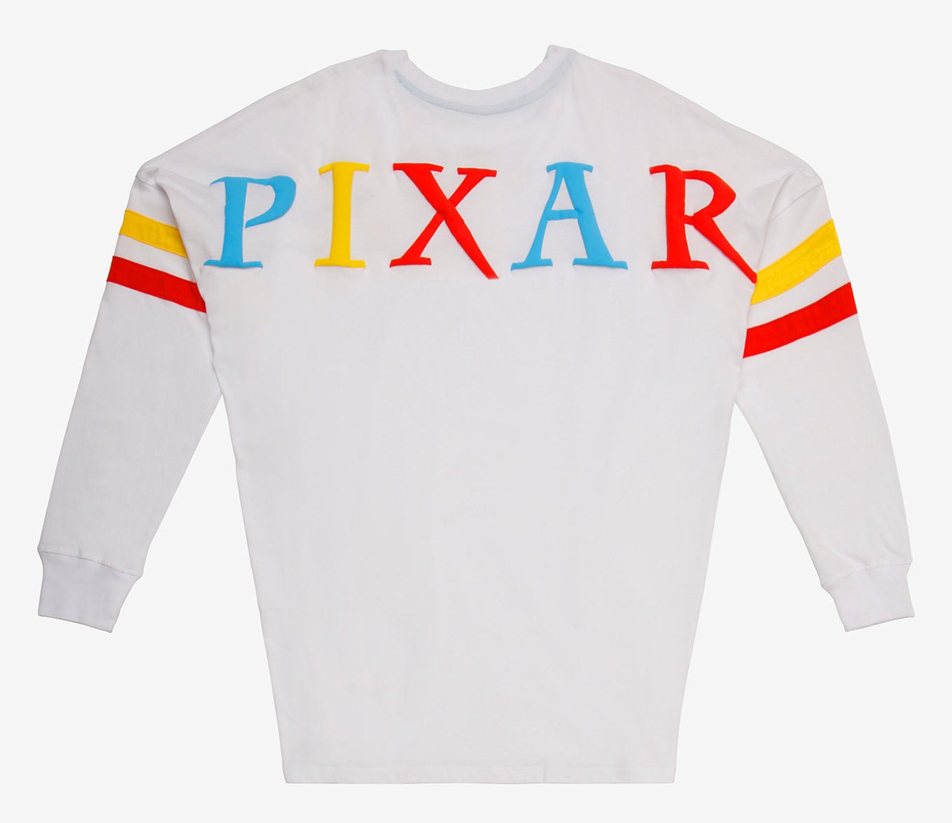 the back of the shirt with &quot;pixar&quot; written in all caps and blue, yellow, and red alternating letters