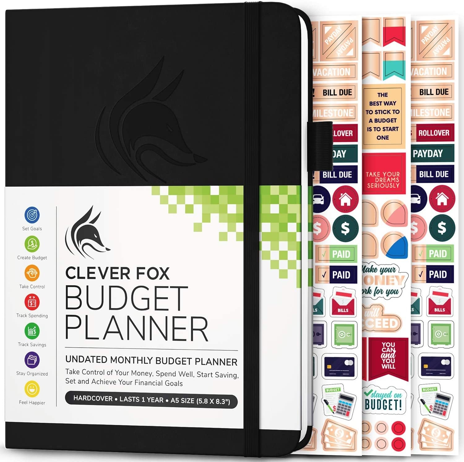 A budget planner and three sheets of stickers on a plain background