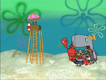 SpongeBob characters knocking over a lifeguard tower