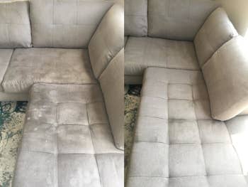 A reviewer's couch which was once stained and splotched and is now free of marks after using the machine