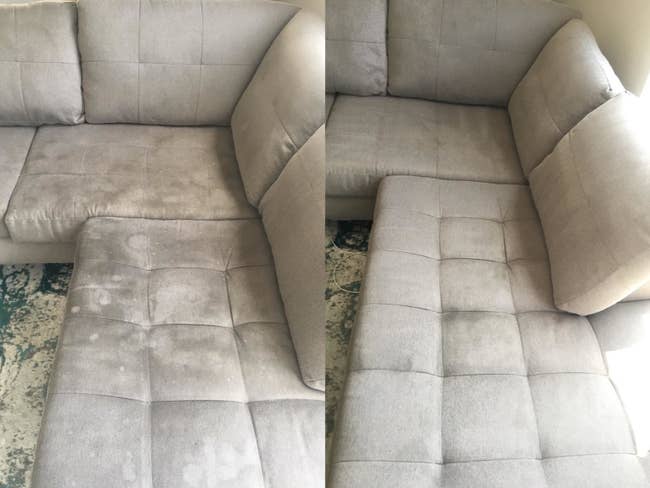 A reviewer's before and after of their couch which was once stained and splotched and is now free of marks after using the machine